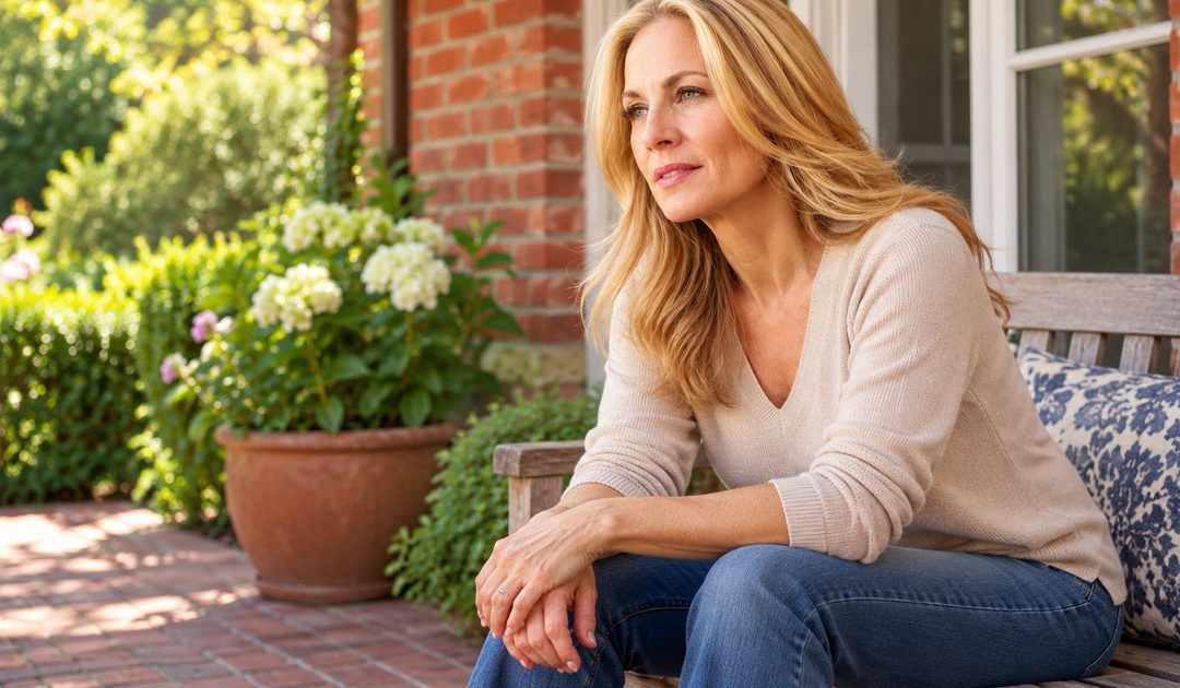 A woman with long honey-blonde hair takes a calm pause on a small red-brick patio after a difficult conversation.
