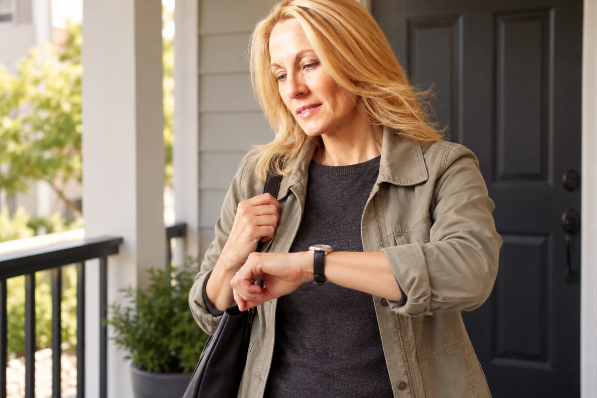 Woman checking her watch during a quiet pause on an apartment porch